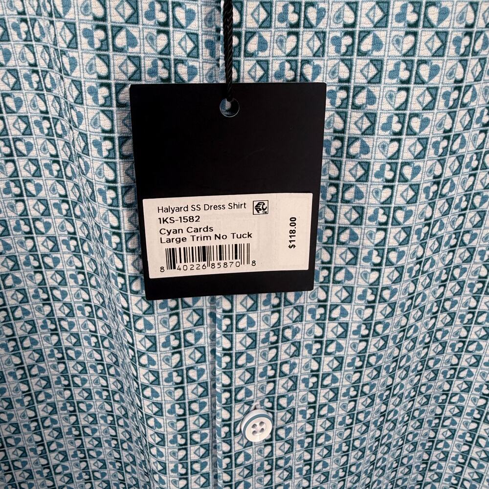 Mizzen Main Halyard Dress Shirt Mens L Trim Cyan Cards No Tuck Printed Stretch - Picture 5 of 5
